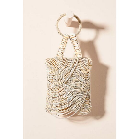 Anthropologie Alia Bead Embellished Wristlet Ring Handle Ivory Beige Bag (NWT) - Picture 1 of 4